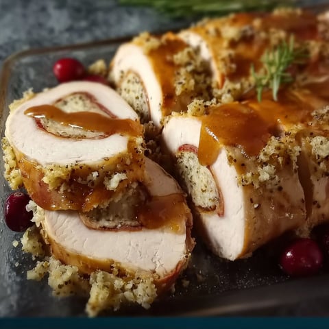 A delicious Turkey Roll Ups with Stuffing and Gravy, ready to be served.