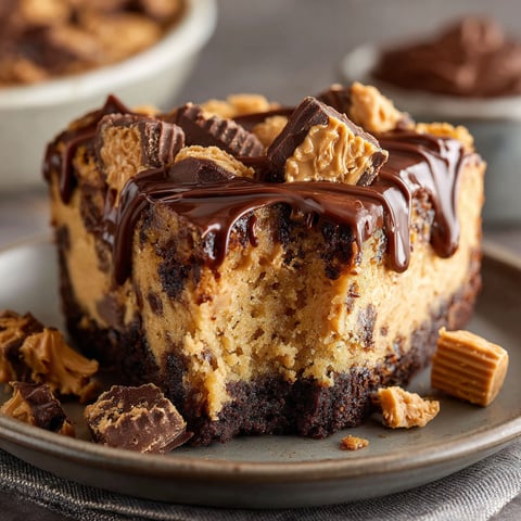 A slice of Reese's Peanut Butter Earthquake Cake is displayed on a plate.