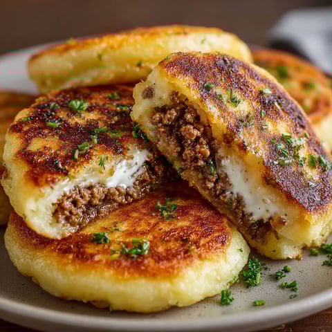 A plate of crispy stuffed potato pancakes with meat and cheese filling.