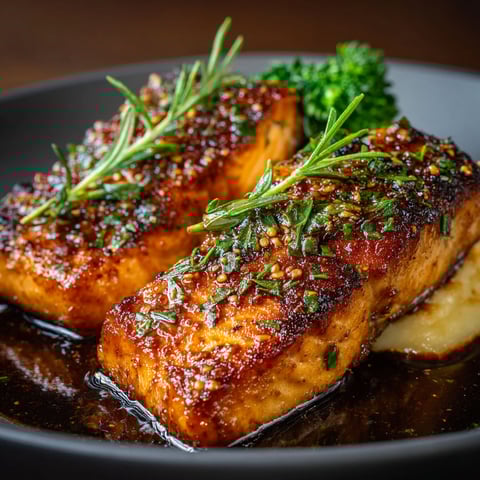 Two pieces of salmon with a honey garlic sauce, garnished with herbs and broccoli.