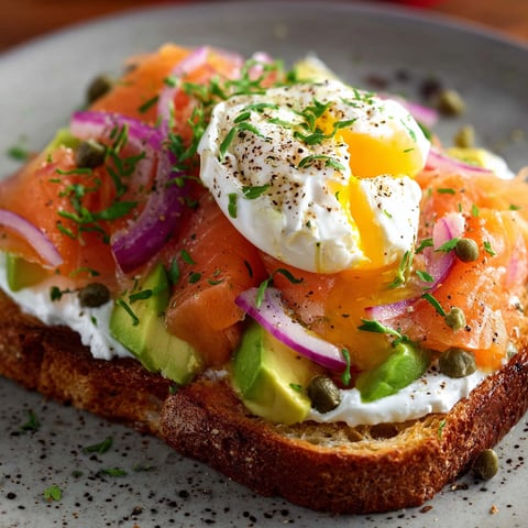 A delicious smoked salmon avocado toast is served on a toasted piece of bread.