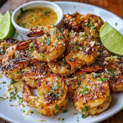 A plate of grilled shrimp with a side of coconut lime sauce.