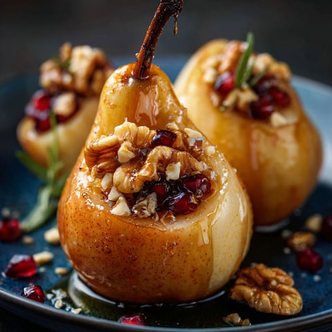 Three baked pears with walnuts and berries on a plate.