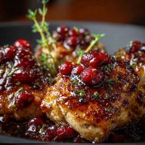 A delicious Honey Cranberry Chicken Bake is served on a plate, topped with a sauce and garnished with cranberries and herbs.