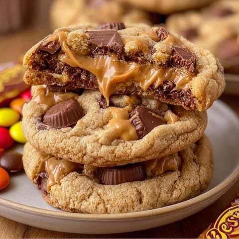 A plate of Triple Reese's Peanut Butter Cookies with drizzled caramel.