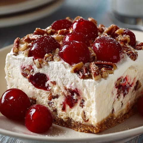 A slice of Cherry Pecan Cheesecake Lush is displayed on a plate.