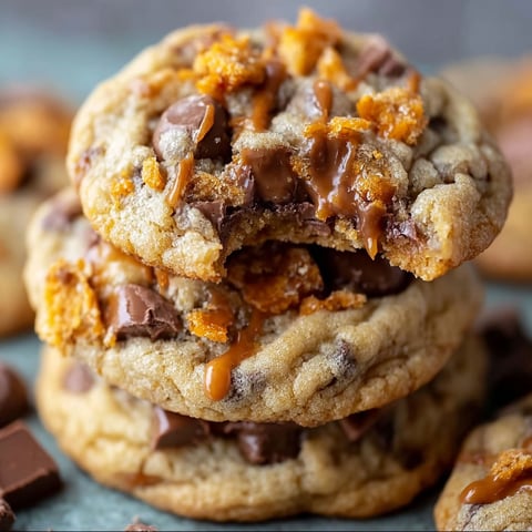 A delicious treat, the Butterfinger Caramel Crunch Cookies, are stacked on a table.