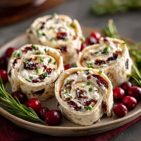 A plate of Savory Christmas Cranberry Roll-Ups, featuring a delicious combination of cranberries, cheese, and herbs.