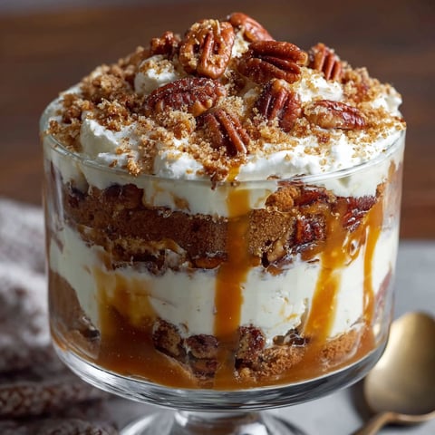 A delicious dessert, the Decadent Pecan Pie Trifle, is presented in a glass dish.