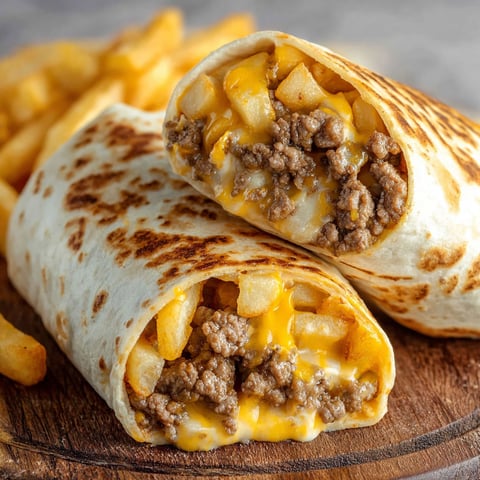 A delicious Beefy Cheesy Fries Burrito Wrap is served with a side of fries.