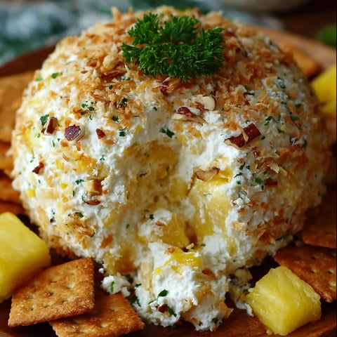 A delicious cheeseball with pineapple chunks on top, ready to be enjoyed.