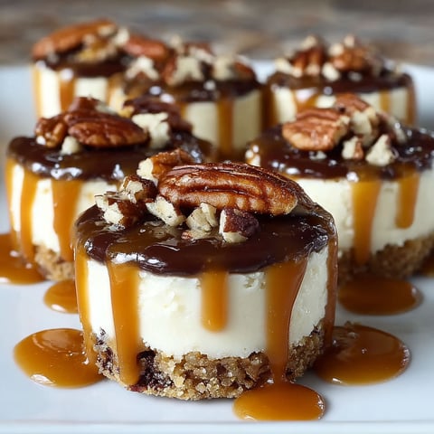 A plate of No Bake Turtle Mini Cheesecakes with caramel drizzle.