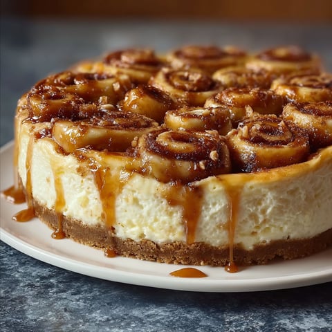 A slice of Cinnamon Roll Honeybun Cheesecake is displayed on a plate.