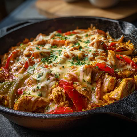 A skillet filled with a delicious Queso Chicken Fajita dish.