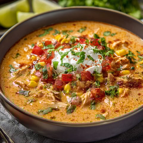 A bowl of Queso Chicken Taco Soup filled with various ingredients such as corn, tomatoes, and limes.