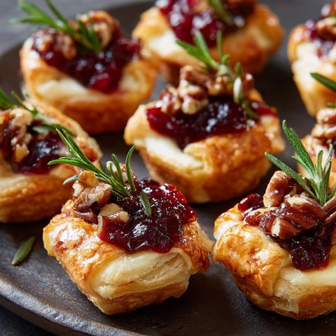 A plate of Cranberry Brie Bites, a delicious dessert with a flaky pastry and a sweet, tangy cranberry filling.