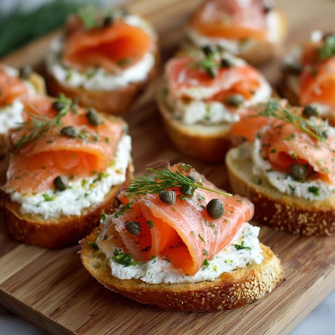 A wooden cutting board holds a delicious assortment of smoked salmon crostini.