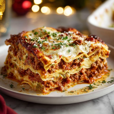A delicious Festive Lasagna Bolognese is served on a white plate.
