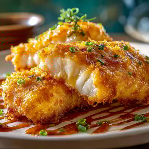 A plate of batter dipped fish with a sauce on top.