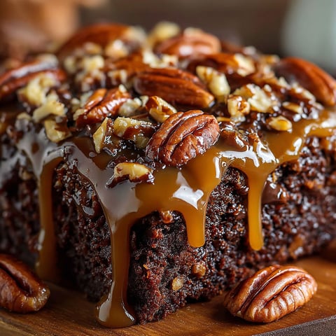 A slice of Turtle Texas Sheet Cake with Fudge, Caramel & Pecans.