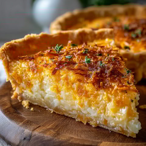 A slice of cheesy, crispy cheddar and Ritz cracker pie with a slice missing.