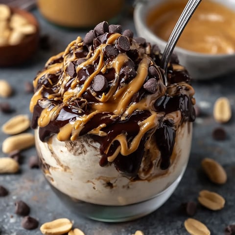 A delicious Midnight Peanut Butter Delight is served in a glass bowl, topped with chocolate and peanut butter.