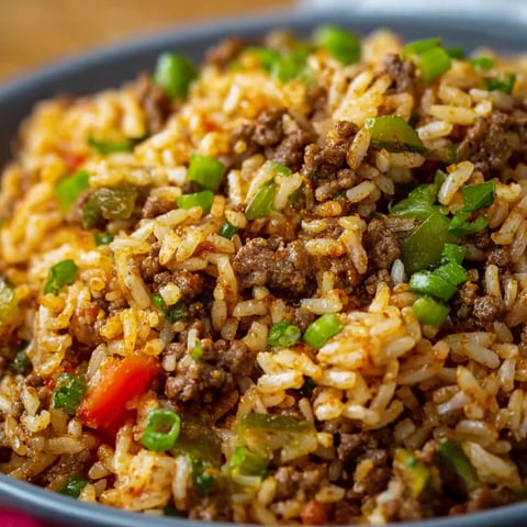 A bowl of Popey's Cajun Rice Copycat, filled with rice, meat, and vegetables.
