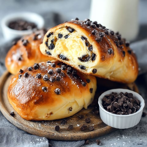 Two delicious chocolate chip vanilla custard brioches are displayed on a wooden tray, ready to be enjoyed.