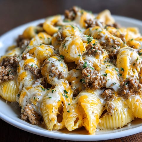 A plate of pasta shells covered in cheese and meat, likely a crockpot cheesy ranch beef pasta shells dish.