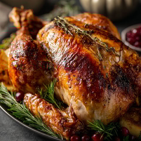 A delicious looking roasted turkey with herbs and spices, ready to be served on a table.