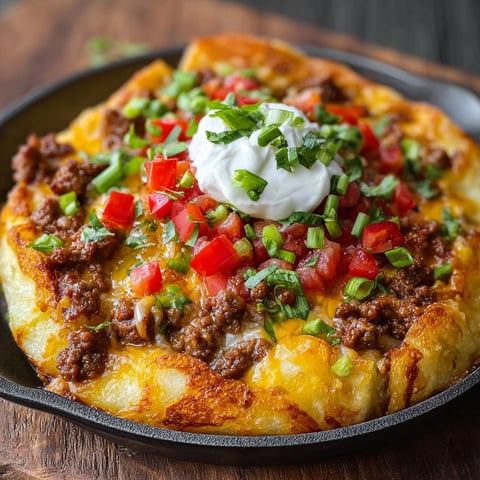 A delicious Volcano Quesadilla Bowl filled with cheese, tomatoes, and green onions, served in a cast iron skillet.