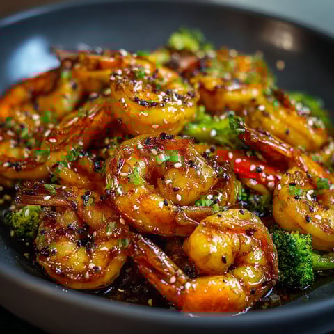 A delicious Honey Garlic Shrimp Stirfry is served in a bowl, featuring a generous amount of shrimp and broccoli.