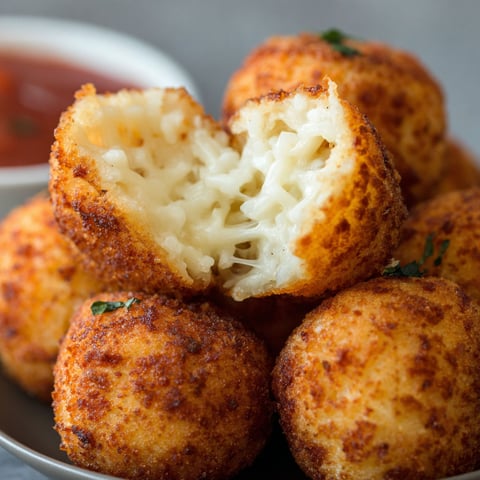 A plate of Arancini Rice Balls with a dipping sauce.