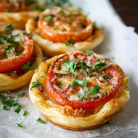 A plate of mini tomato tarts with cheese and herbs on top.