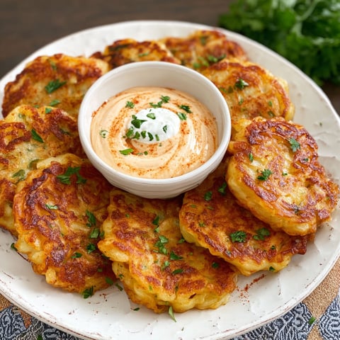 A plate of delicious Spanish potato fritters with a bowl of dipping sauce.