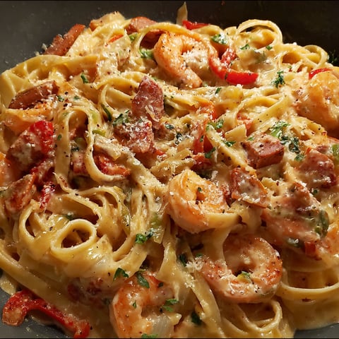 A delicious Cajun Pasta dish with shrimp, pasta, and cheese.