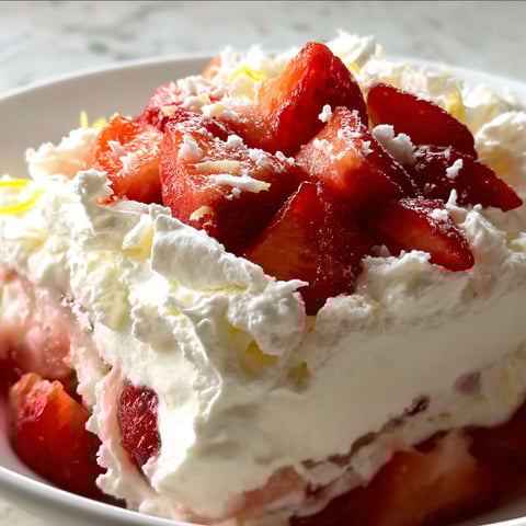 A delicious dessert called The Strawberry Blessing is served in a white bowl.