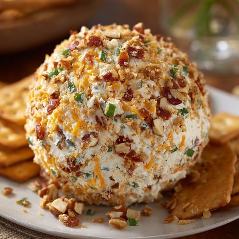 A cheese ball with bacon and ranch dressing on a plate.