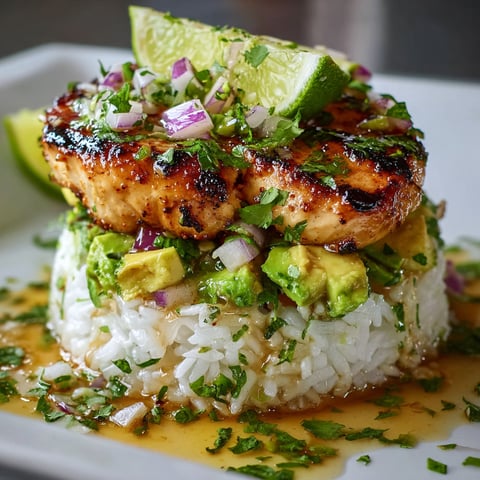 A delicious Honey Lime Chicken & Avocado Rice Stack is served on a white plate.