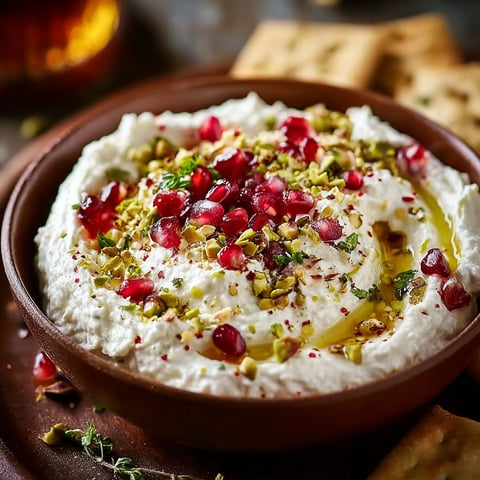 A bowl of whipped feta dip with pomegranate and pistachio toppings.