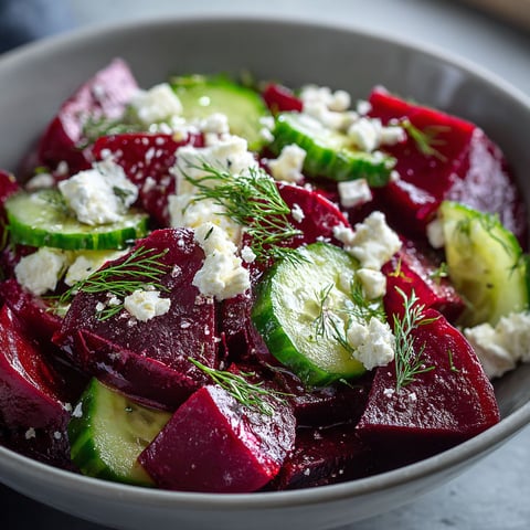A bowl filled with a salad of beets, cucumbers, and feta cheese.