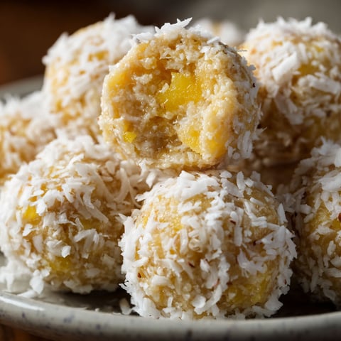 A plate of coconut and pineapple balls, a delicious and tropical dessert.
