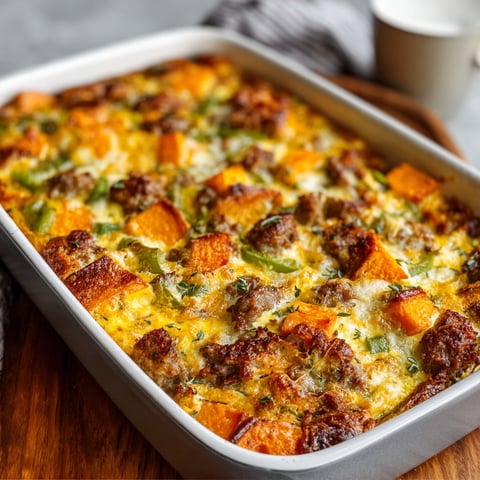 A delicious sweet potato and egg casserole in a white dish.