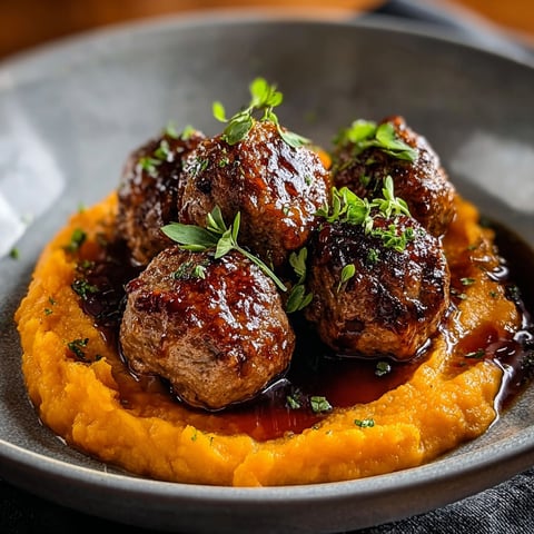 A plate of pork meatballs with a sweet potato mash and a bourbon-maple sauce.