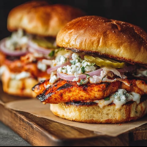 Two grilled buffalo chicken sandwiches with blue cheese and onions on a wooden cutting board.