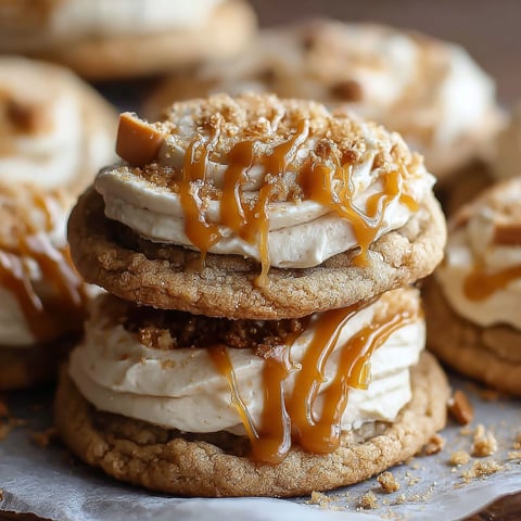 A stack of three cookies with caramel drizzle, reminiscent of the popular Harry Potter Butterbeer drink.