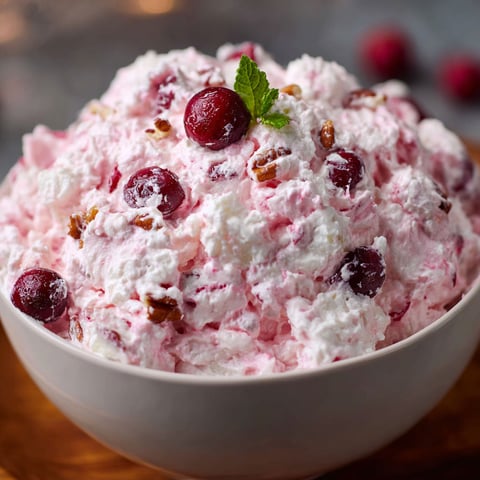 A bowl of Cranberry Fluff is displayed on a wooden table.