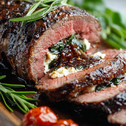 A close up of a piece of meat with a sauce on it, possibly garlic butter, and a sprig of parsley on top.