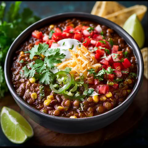 A bowl of Slow Cooker Lentil Taco Chili is filled with a variety of ingredients, including beans, tomatoes, and cheese.