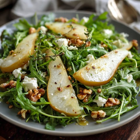 A plate of pear and arugula salad with honey vinaigrette.